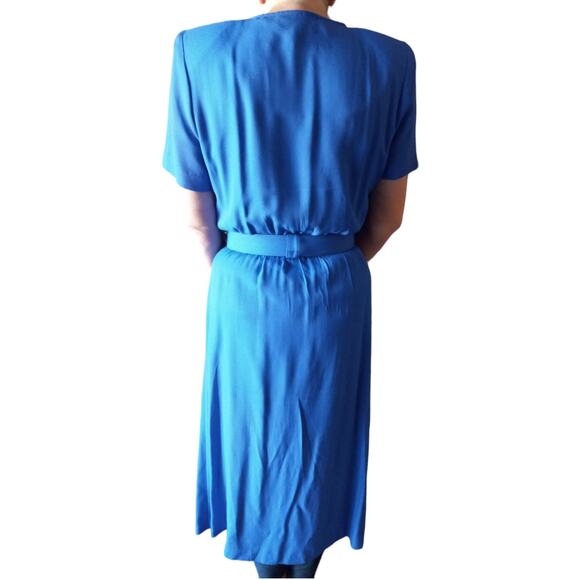 Vntg 80s Studio I Belted Blue Maxi Dress Sz 8 Modest Church Retro Shoulder Pads - Picture 4 of 9